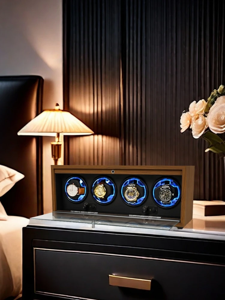 Watch Box 4 Slot Blue Led Light + Cover Opening Emergency Stop Function Automatic Chain Device Watch Winder