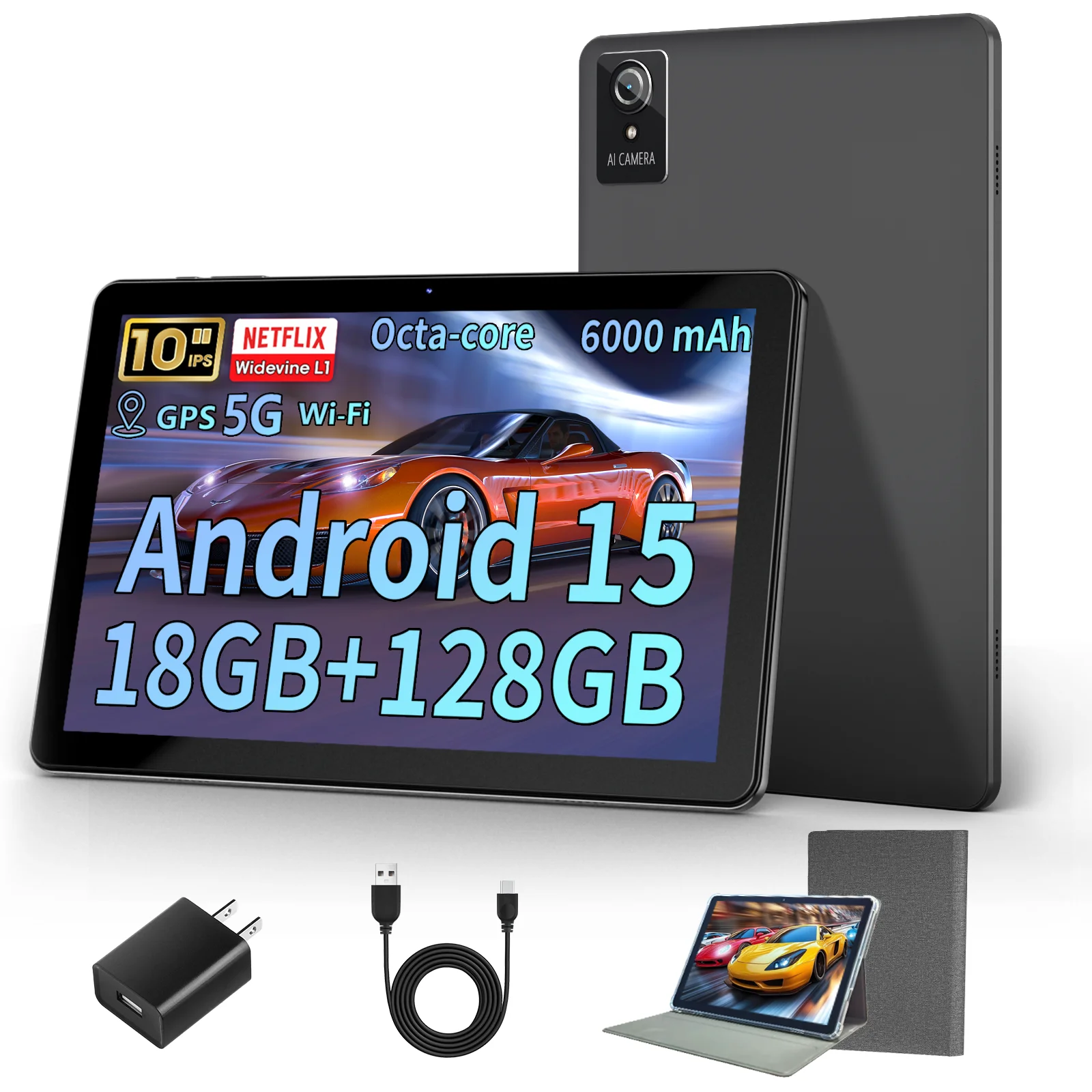 Aobante 10.1" Android 15 Octa Core Tablet 6GB(12GB Expandable) RAM 128GB ROM 1TB SD Supported, HD IPS Touch Screen Dual Cameras