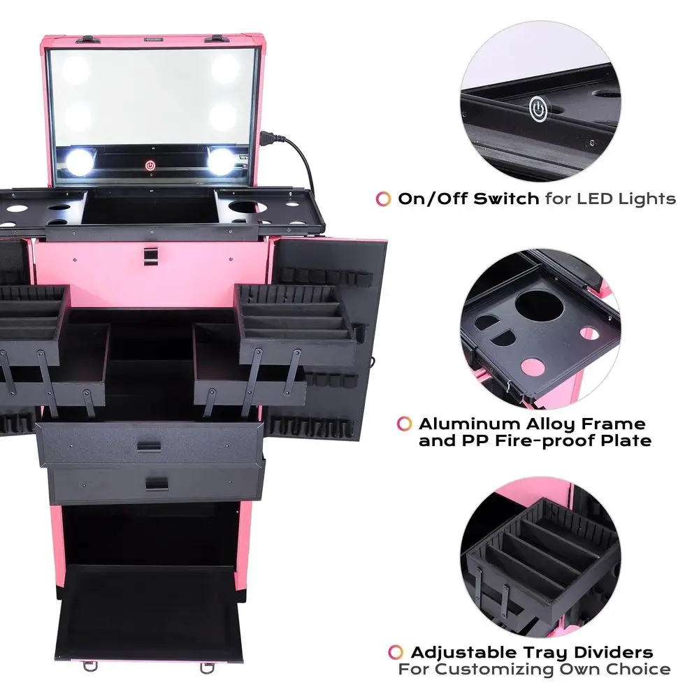 

BYOOTIQUE Pink Rolling Makeup Case with Mirror Light Pro Large Cosmetic Artists Hair Stylist Barber Organized Trolley Lockable