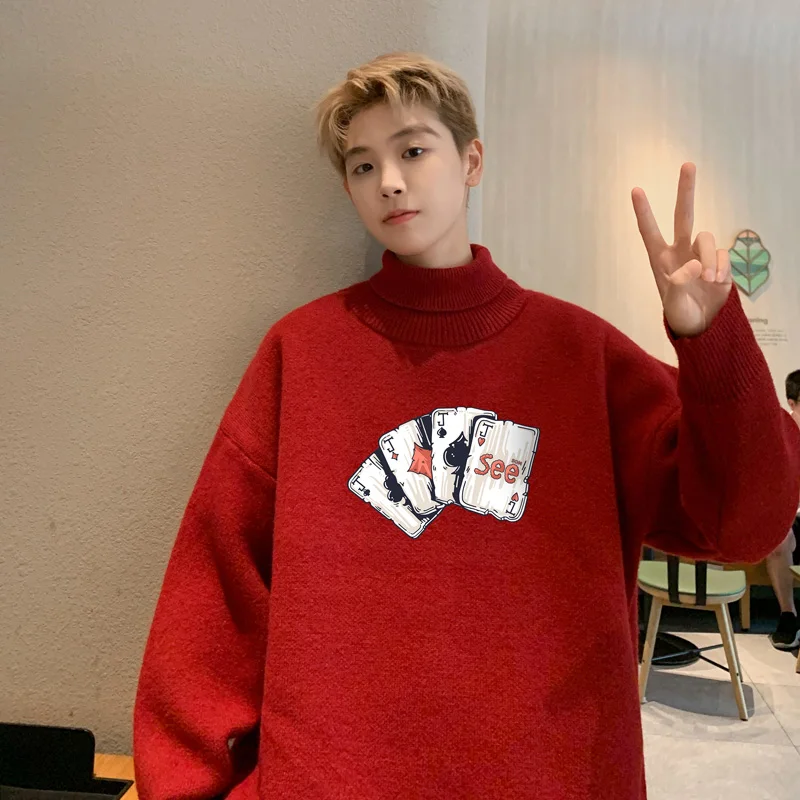 メンズ特大セーター秋白 5XL ニットセータータートルネックポーカープリントカジュアルウェア男性ニットプルオーバー男性服