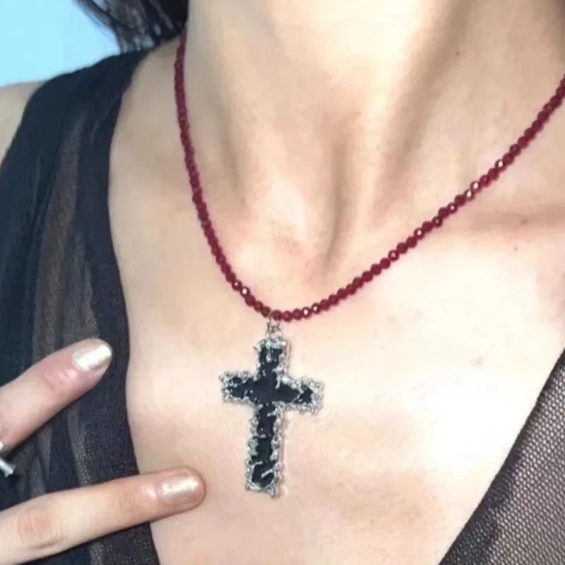 Goth Jewelry Red Beads Cross Pendant Necklace for Women Punk Cool Rock Accessories Vintage Charms Necklaces