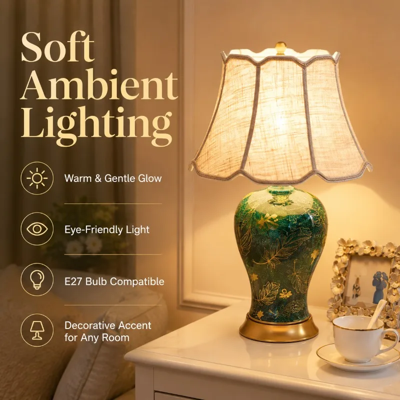 Chinese Style Ceramic Table Lamp Floral Porcelain Bedside Light with Fabric Shade for Bedroom Living Room Hotel Nightstand Decor