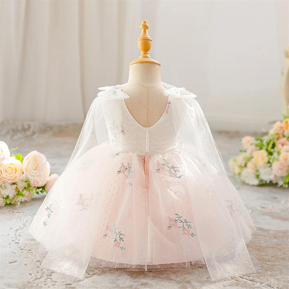 Infant Embroidered Bow Mesh Ball Gown Baby Girl Dress Elegant Baptism Birthday Wedding Princess Dresses Bridesmaid Prom Costume