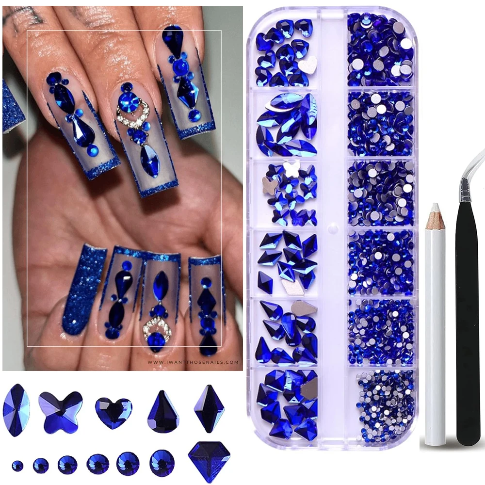 12 grades de strass azul real para decoração de unhas, fundo plano, formato especial, acessórios para unhas com pinça, caneta de broca