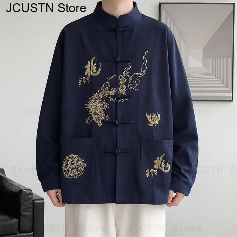 New Chinese Style Top Man Tradition Tang Clothes Long Sleeve Qipao Top Autumn Spring Hanfu Jacket Embroider Dragon Shirt