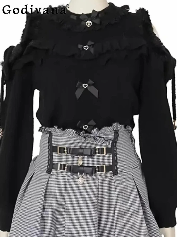 

Spring Autumn Japanese Sweet Lolita Lace Off-the-Shoulder Long Sleeve Sweater Girl Age-Reducing College Solid Color Knitted Top