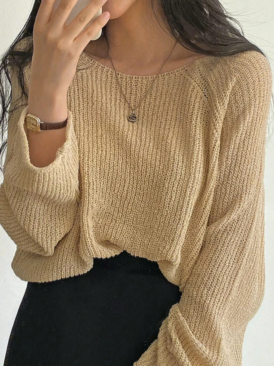 느슨한 긴 소매 라운드 넥 니트 스웨터 솔리드 컬러 여성 패션 봄 여름 동대 게이트 스타일 다목적 기본 탑