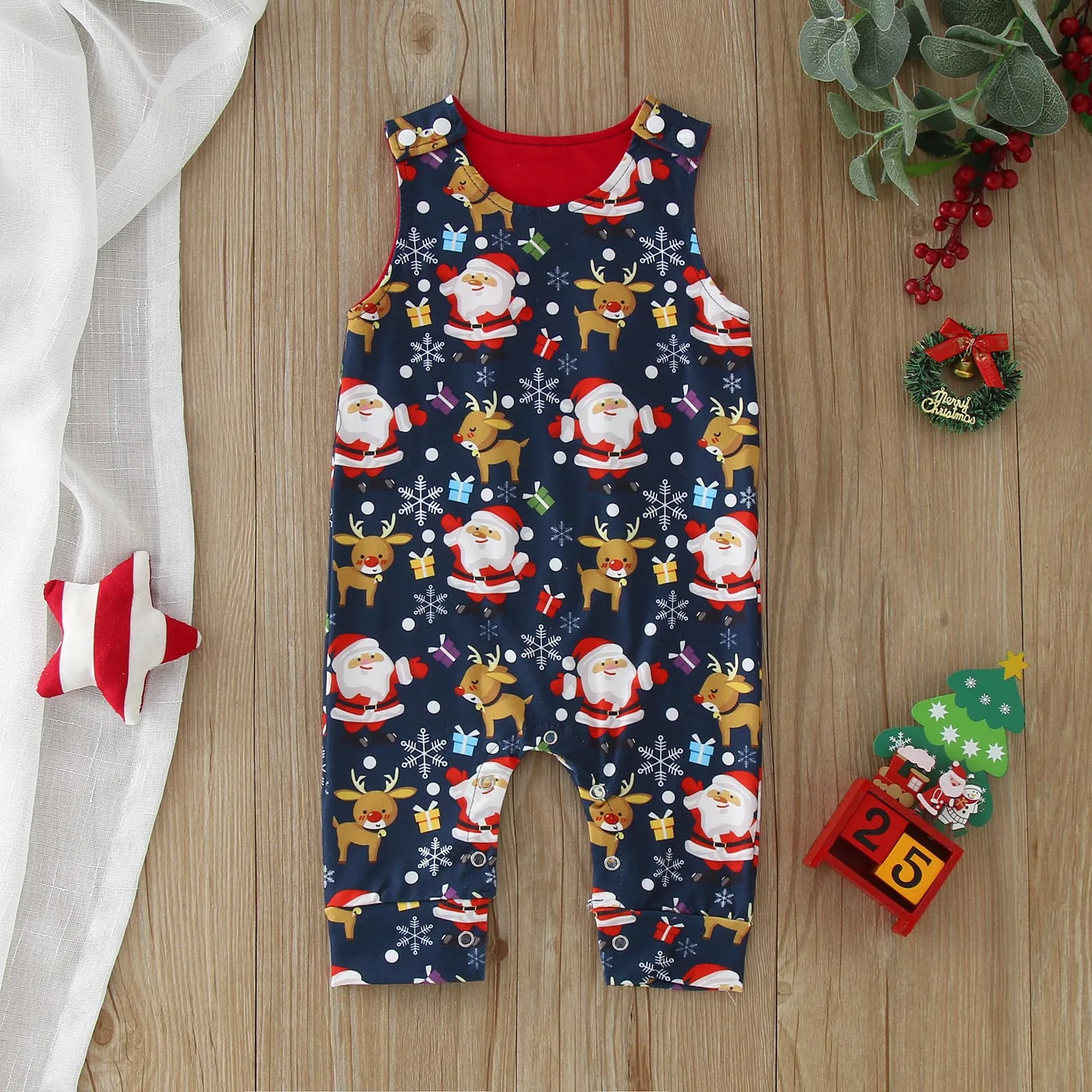 

0-18M Christmas Newborn Infant Baby Girl Boy Jumpsuit Cute Santa Deer Candy Print Romper Sleeveless Bodysuit Xmas Costumes 2023