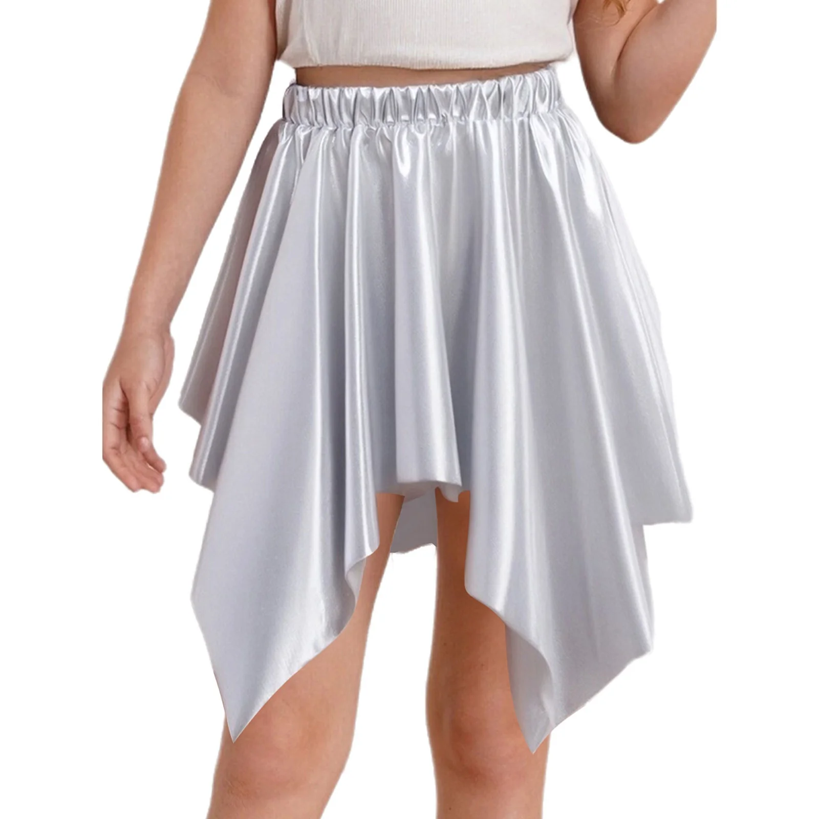

Kids Girls Cheerleading Jazz Dance Skirt Metallic Shiny Elastic Waist Irregular Ruffled Skirts for Party Performance Streetwear