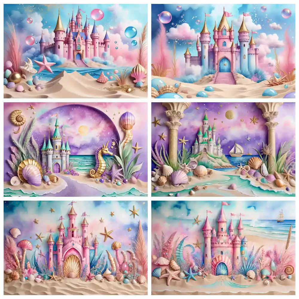 

MOON.QG Mermaid Princess Birthday Party Backdrops Summer Beach Sands Castle Photo Background Sign Candy Balloon Shooting Props