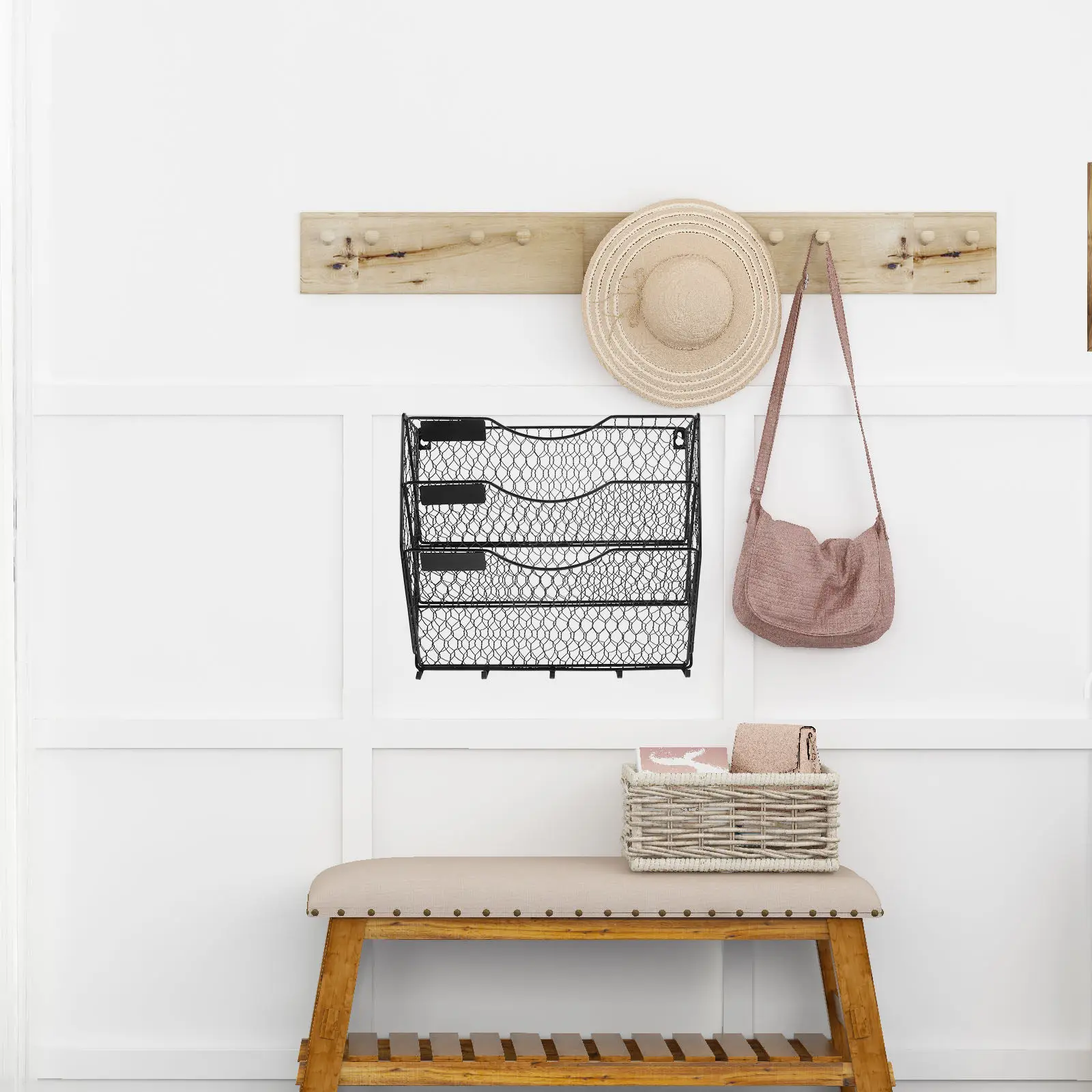 

Iron Wall Basket Magazine File Holder Hanging Organizer with Tier Design Hooks for Organizing Keys Bags Hats Clothes