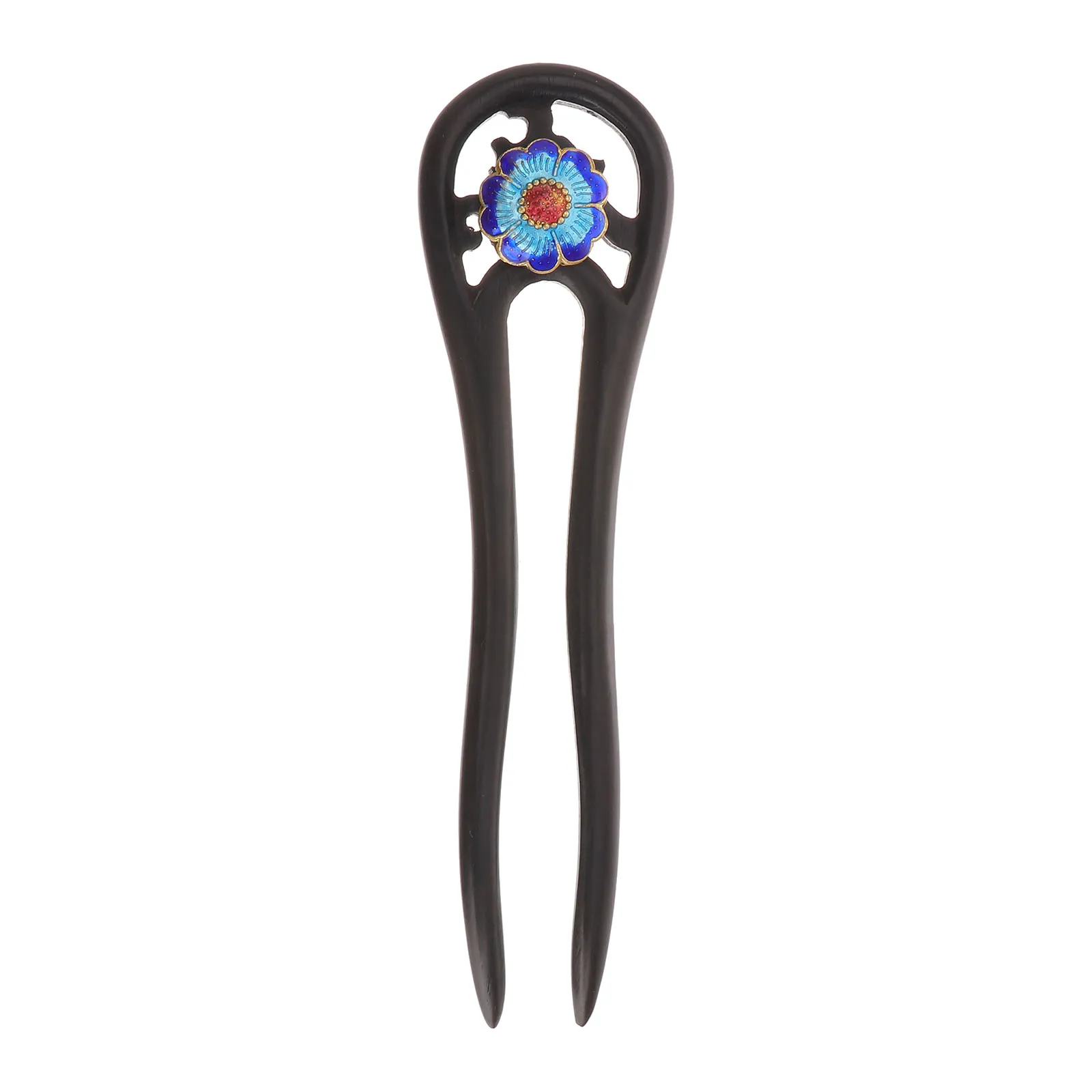 

Ebony Hairpin Chignon Hairstyle Accessory U Shaped Sandalwood Double Prong Inlaid Flower Durable Safe Party Wedding Banquet Gift