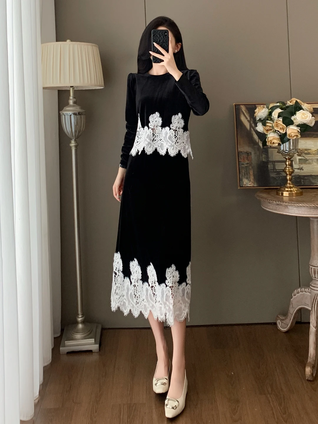 

Elegant Black Fashion Set Women's Winter Design Slimming Top Skirt Two-Piece Suit High Waist Midi Skirt Comfortable Fit