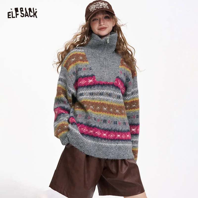

ELFSACK Y2K Fair Isle Color Block Turn Down Collar Half Zip Sweater For Women