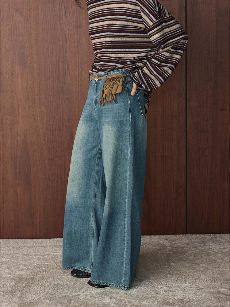 FANAN Vintage Gewaschene Jeans Für Frauen Hohe Taille Gerade Breite Bein Denim Hosen Büro Dame Lose Hosen Mode Winter Neue