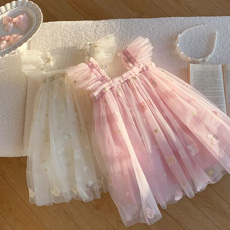 2025 New Summer 1-6Yrs Baby Girl Birthday Party Dress Flying Sleeve Cotton Mesh Splicing Kids Princess Dresses Sister Clothing