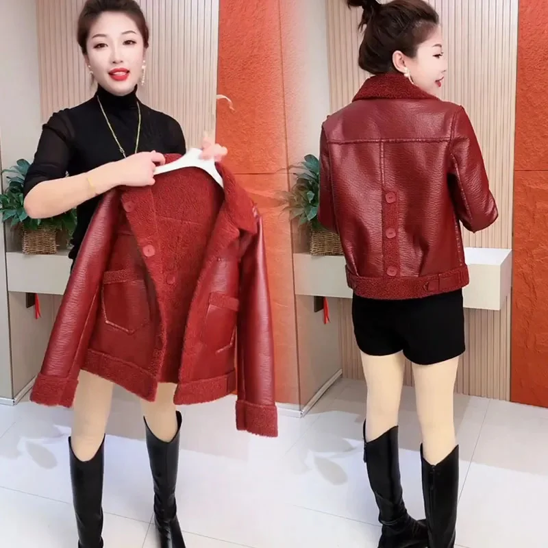 Autumn Winter Two-Sided Penetration Leather Jacket Women New Loose Woolen Coat Single-Breasted Outerwear Thicken Overcoat Female