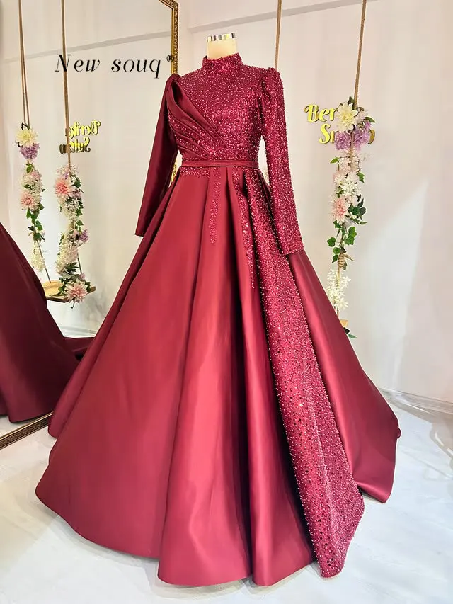 Burgundy Puffy A Line Muslim Long Sleeves Evening Dresses Middle East Formal Bridal Wedding Party Gowns Plus Size Customized