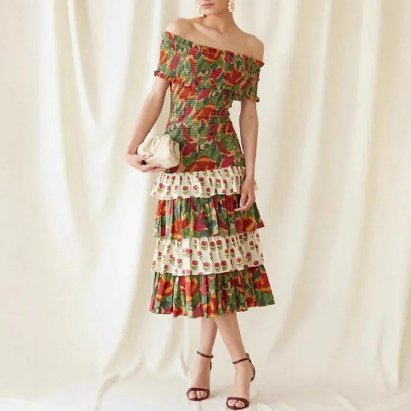 Verão vintage étnico manga curta vestido longo da mulher casual impressão em camadas plissado robe vestido elegante férias emendado vestido de festa