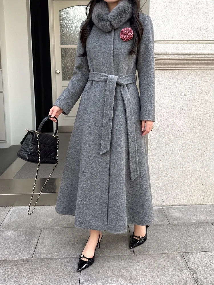 High-quality double-sided wool coat, 2026 winter new style. Elegant and fashionable waist belt, fitted long women's coat.