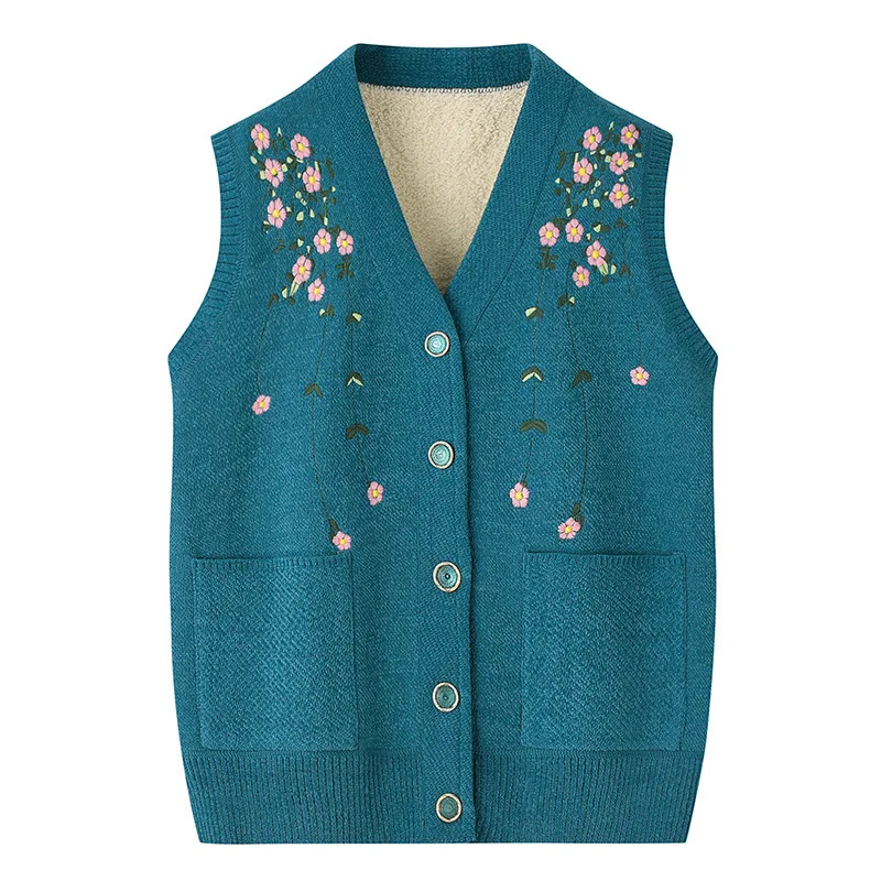 Grandma\'s Vest Autumn Winter Embroidered Middle Aged Mother\'s Outfit Cardigan Jacket Knitwears Sweater Women Plus Velvet Sueter