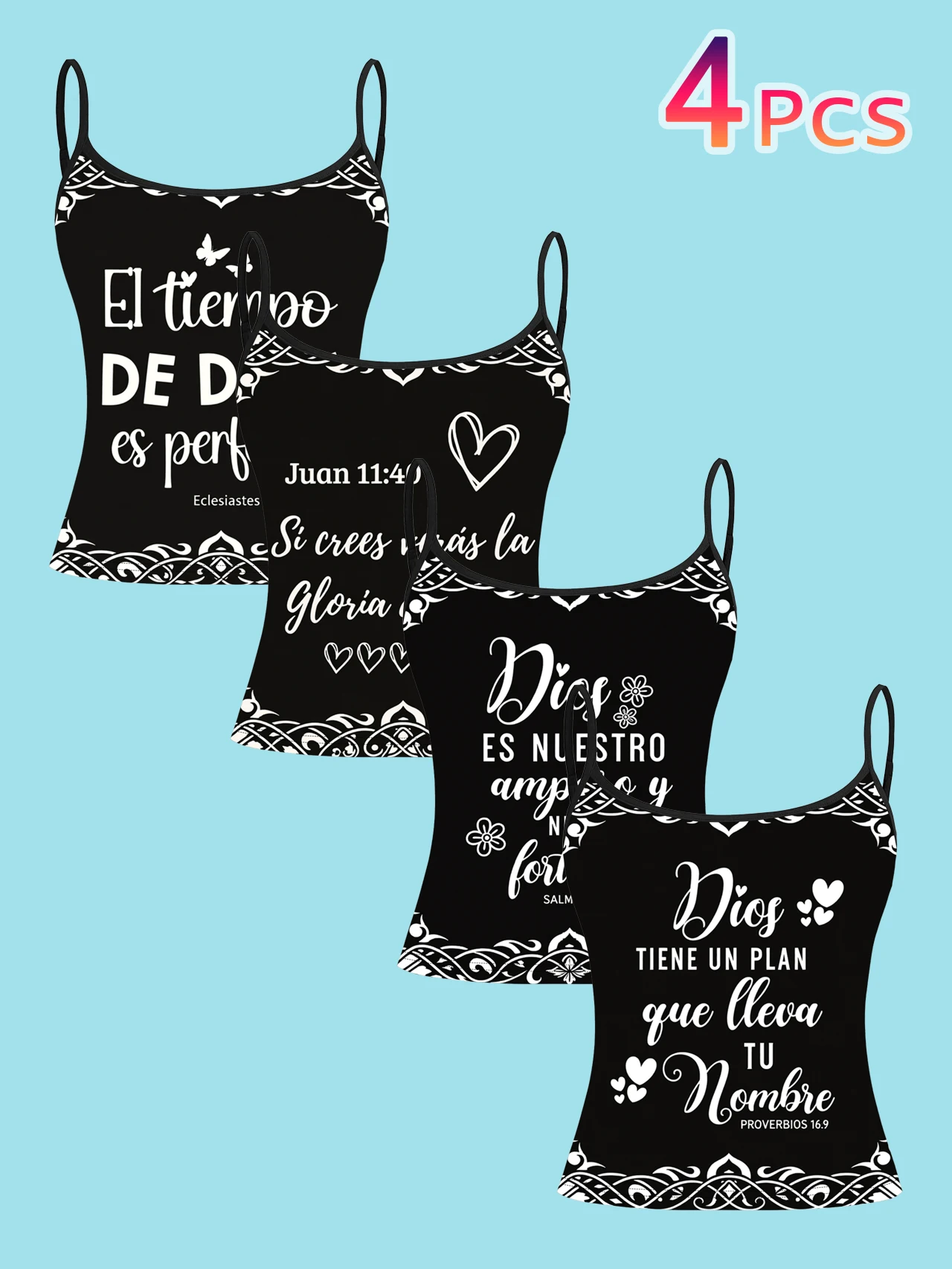 4-Piece Set of Women's Spanish Bible Text Printed Camisoles, Vintage Lace Slim-Fit Sleeveless Inner Tops