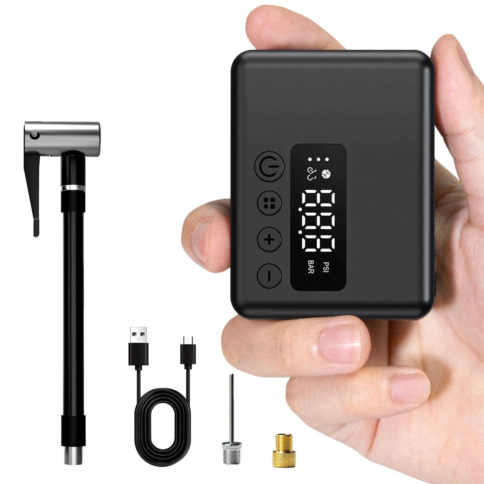 

Pocket Air Pump Mini Bike Pump Electric 130PSI With Presta & Schrader Valves Auto Stop Fast Inflation Type-C Rechargeable Battery For All Bicycles & Balls Cycling Essentials - Wireless Tire Inflator