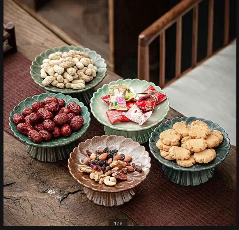 Tall Feet Ceramic Plate Cake Pan Dessert Refreshment Tray Fruit Bowl Stand Snack Decorative Plates Display