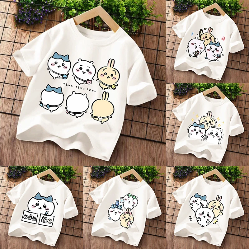 Новая детская футболка Chiikawas с принтом персонажей мультфильмов Kawaii, футболки с короткими рукавами для мальчиков и девочек, летняя детская одежда