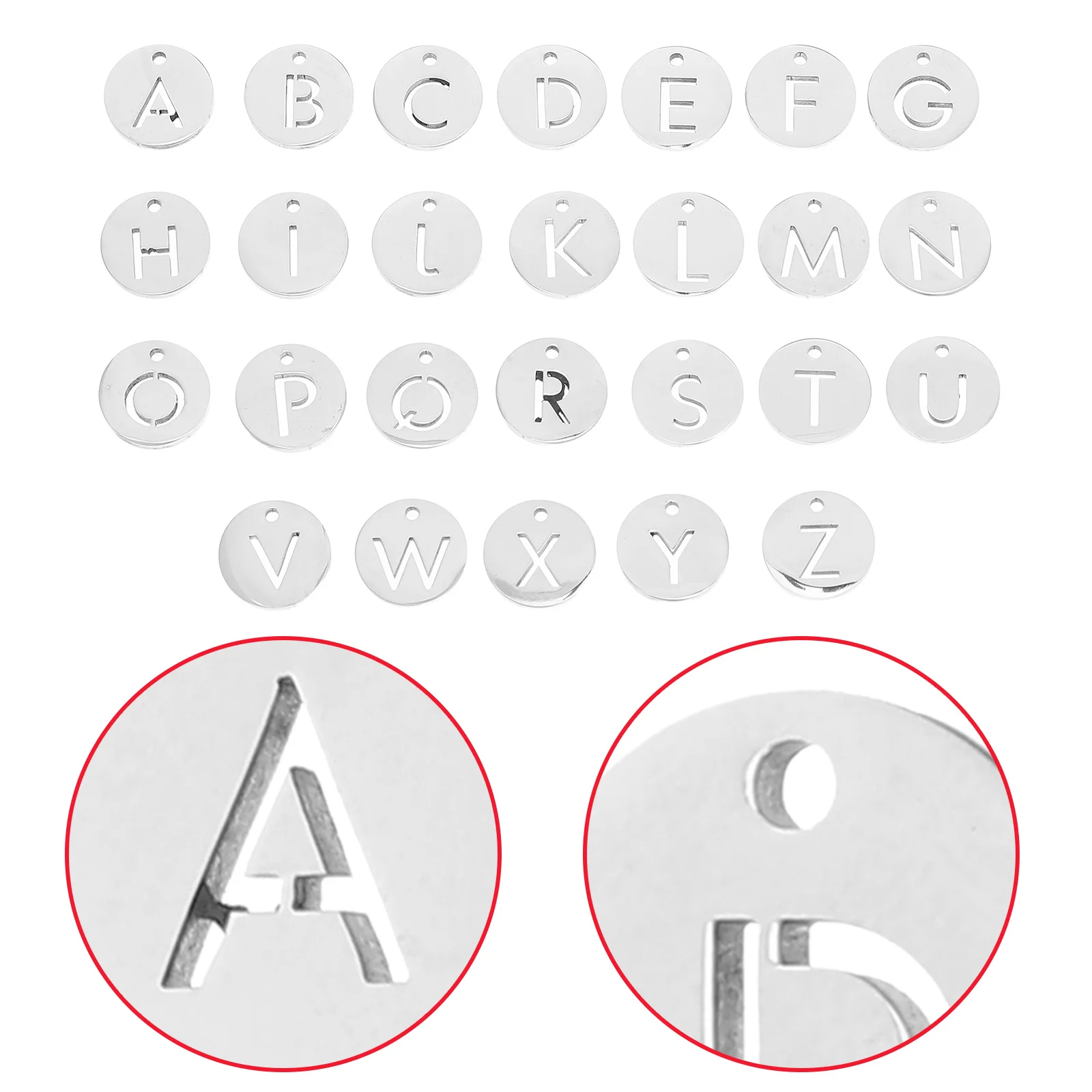 26 Uds. Colgantes de letras redondas huecas de acero inoxidable, dijes del alfabeto grabados para hacer joyería DIY, collar, pulsera, llavero