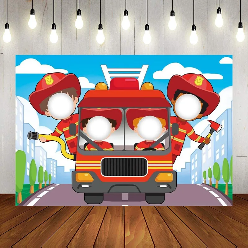 Cartoon Firetruck Backdrop Firefighter Face Cutout Photo Props Photography Background Fireman Birthday Decoration Kids Face Ban