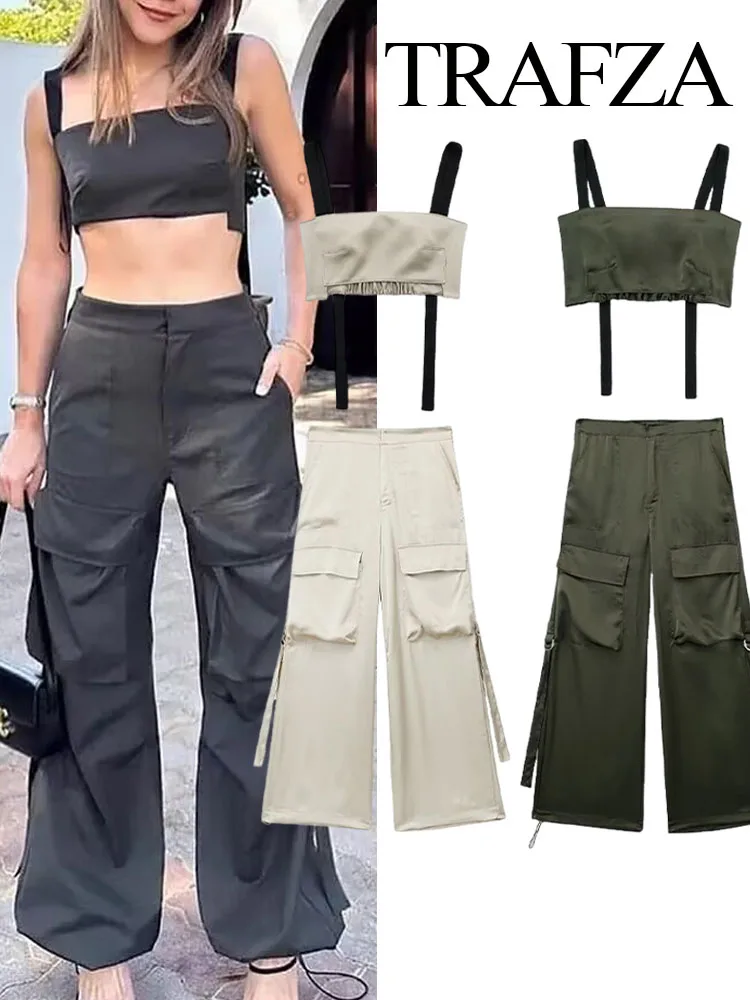 TRAFZA Summer Fashion Women 2 Pieces Set Sexy Sleeveless Backless Strapless Tops+Pockets Bandage Trousers Pant Suits Streetwear