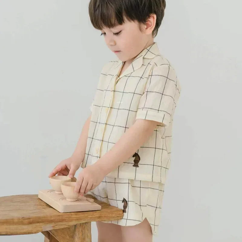 Conjunto de pijama a cuadros para bebé, ropa de noche de un solo pecho, 2 piezas, 2024