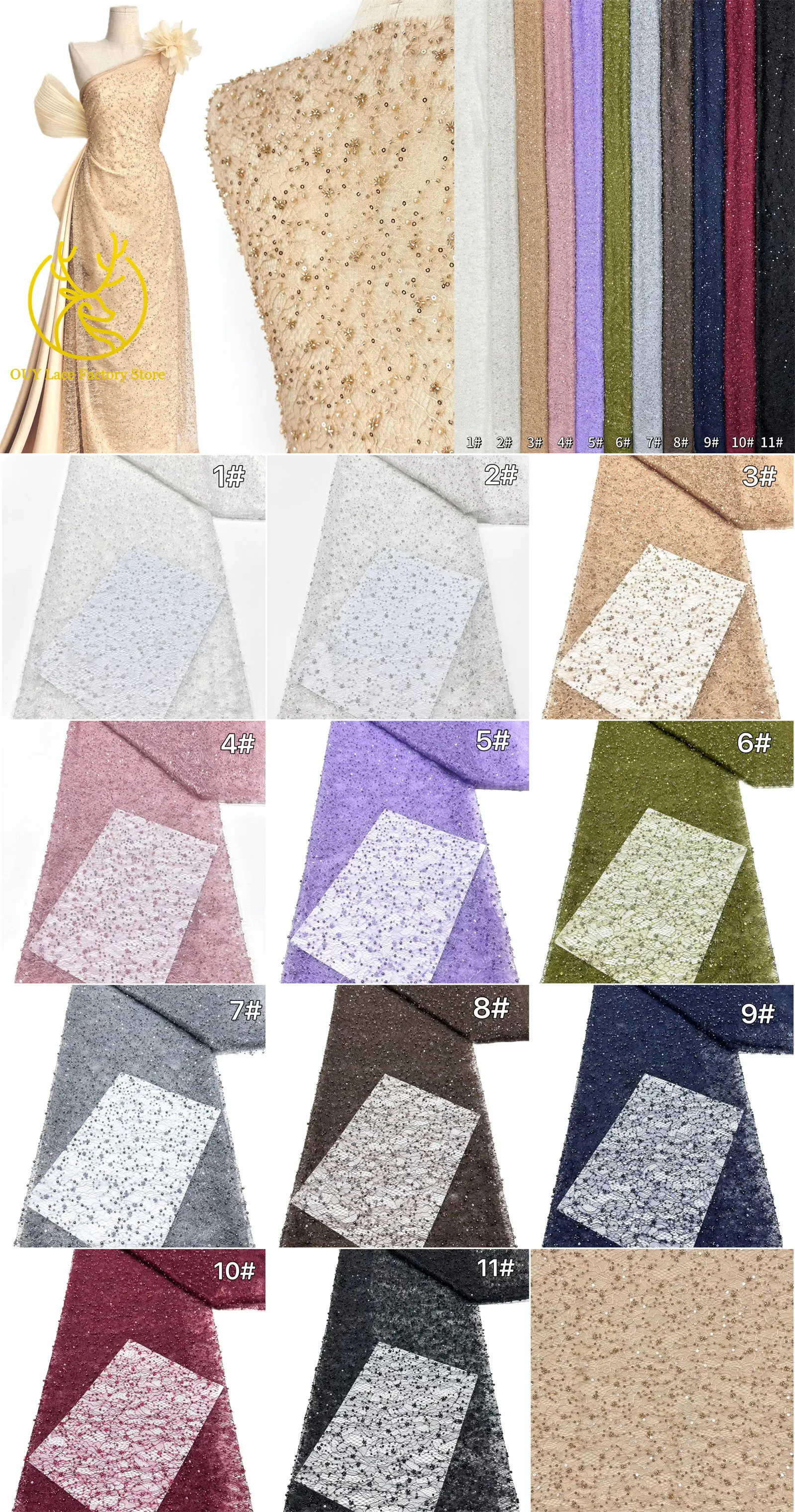 Kaffeebraune französische Tüllspitze mit Pailletten, 5 Yards, hochwertige afrikanische Spitze, nigerianischer Perlenstickerei-Spitzenstoff zum Nähen von Damen-Abendkleidern – Detail 37