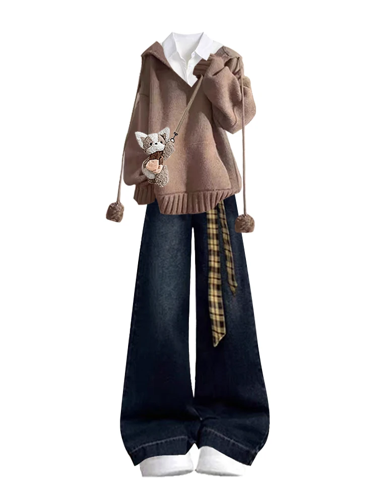 Maglione con cappuccio lavorato a maglia retrò e jeans Set di pezzi invernali casual color caffè blu pantaloni a gamba larga per le donne College Sle