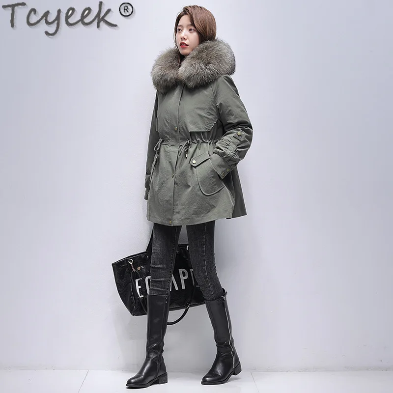 Tcyeek-Chaqueta desmontable con forro de piel de conejo Rex para mujer, Parka media-larga, ropa de invierno para mujer, Cuello de piel de mapache cálido, elegante, 2023