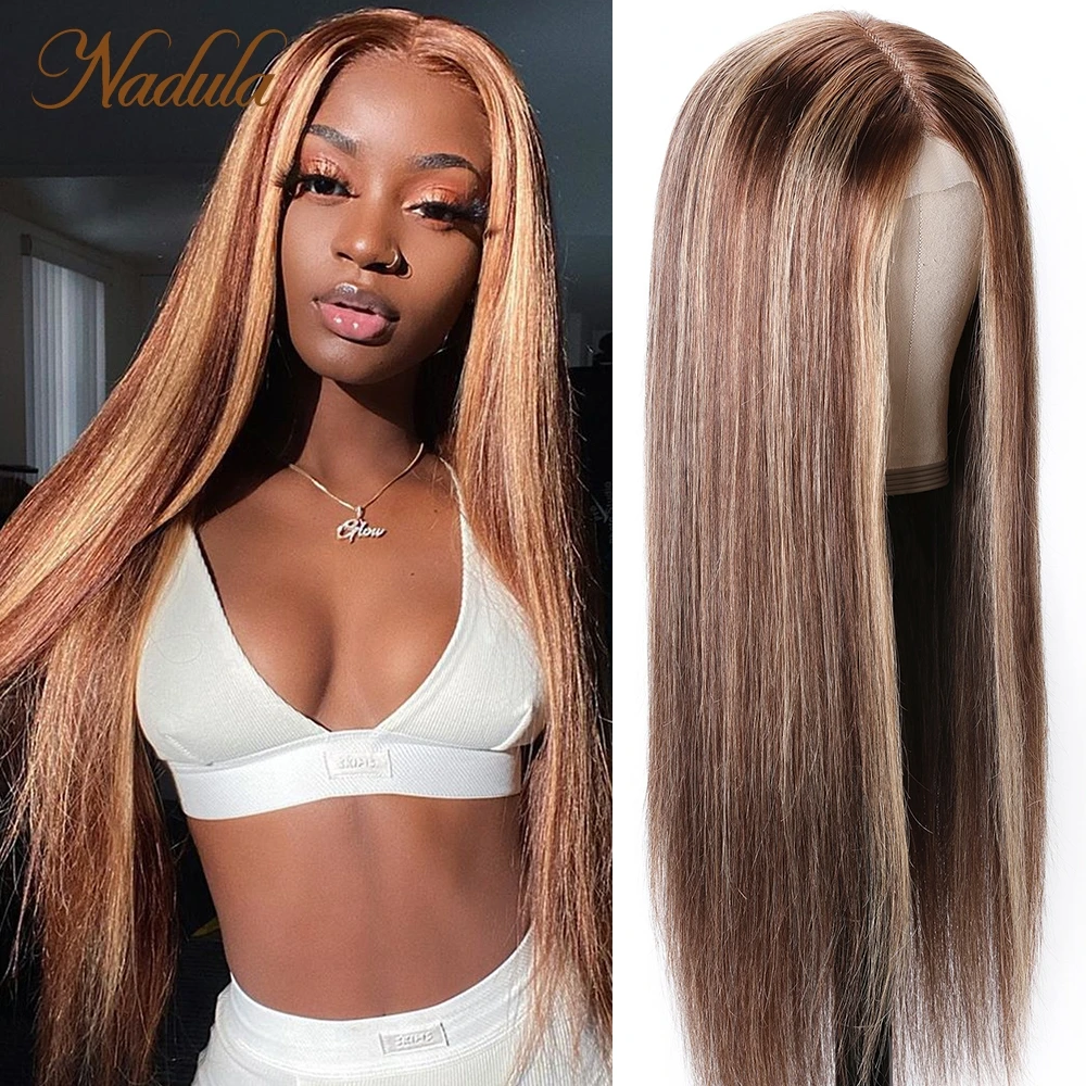 

New Fake Scalp Lace Part Wig Pre Plucked Straight Human Hair T part Lace Wig HighLight Honey Blonde Ombre Straight Hair Wig