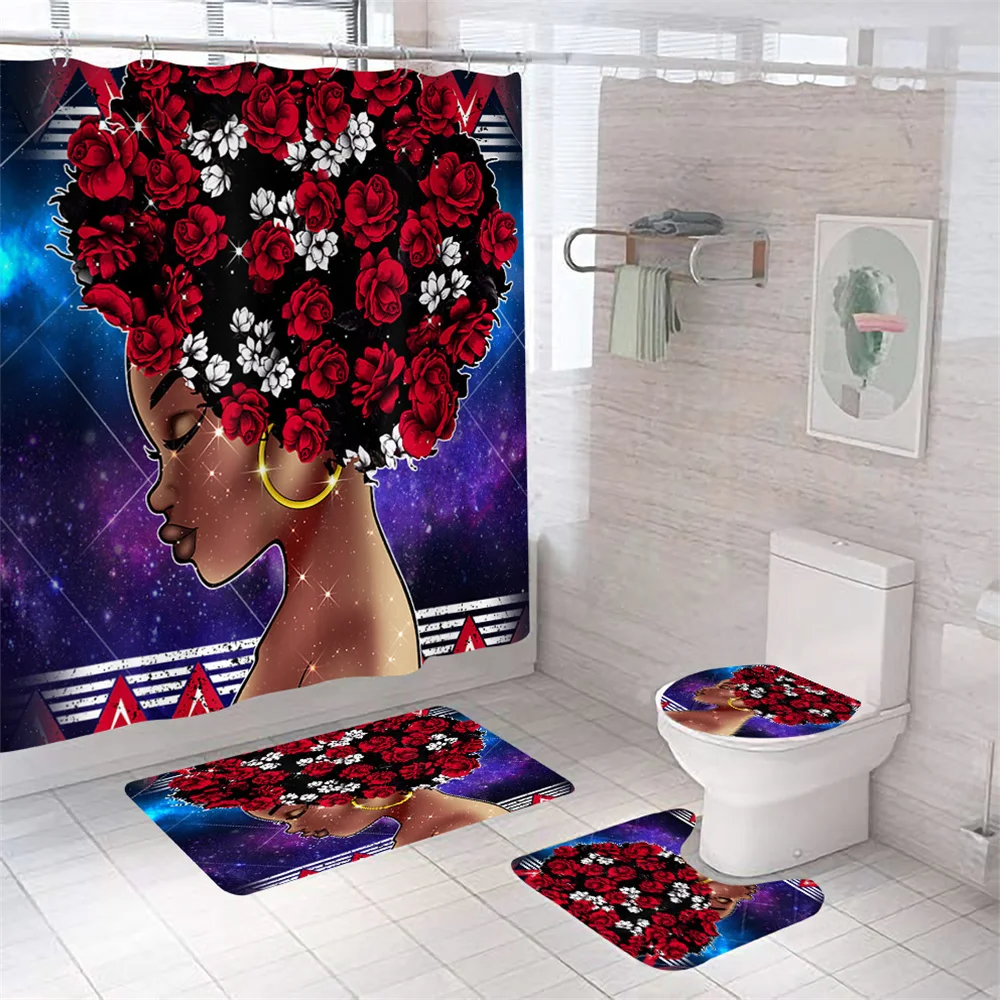 African American Afro Black Girl Shower Curtains Women Art Design Graffiti Bathroom Mat Set Anti-slip Soft BathHome Decoration