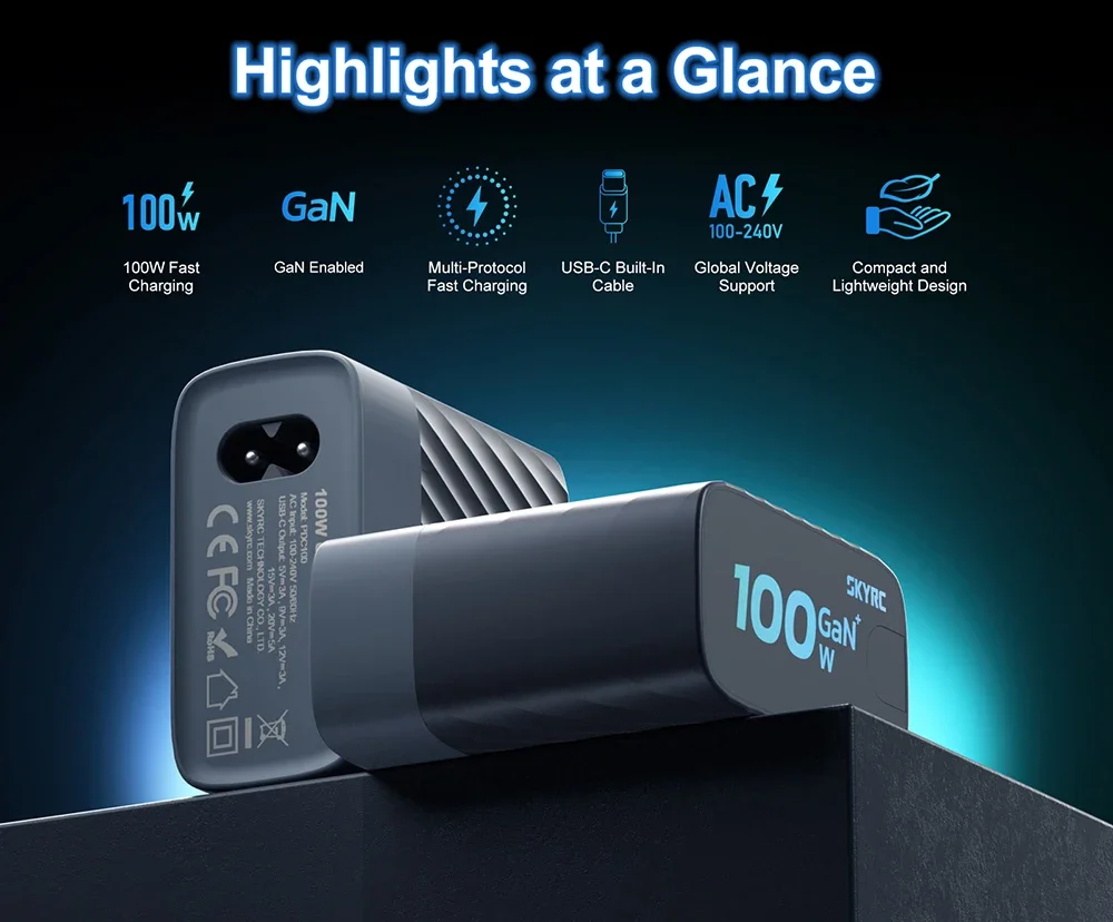 SKYRC PDC100 100W GaN Fast Charger AC100-240V Built-in USB-C Power Adapter for RC Devices Phone Laptop