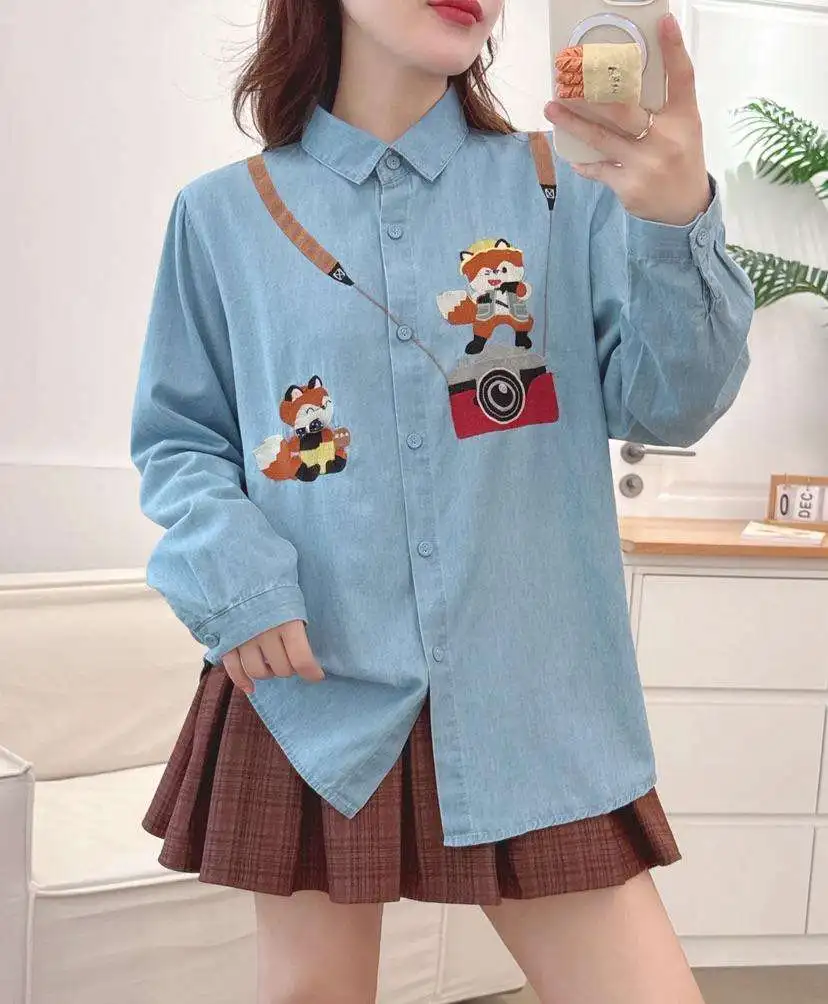 Japońska koszula dżinsowa z haftem w stylu Mori Girl, vintage, z motywem lisa, damska, wiosenna, z kołnierzykiem, długi rękaw, luźna bluzka codzienna.