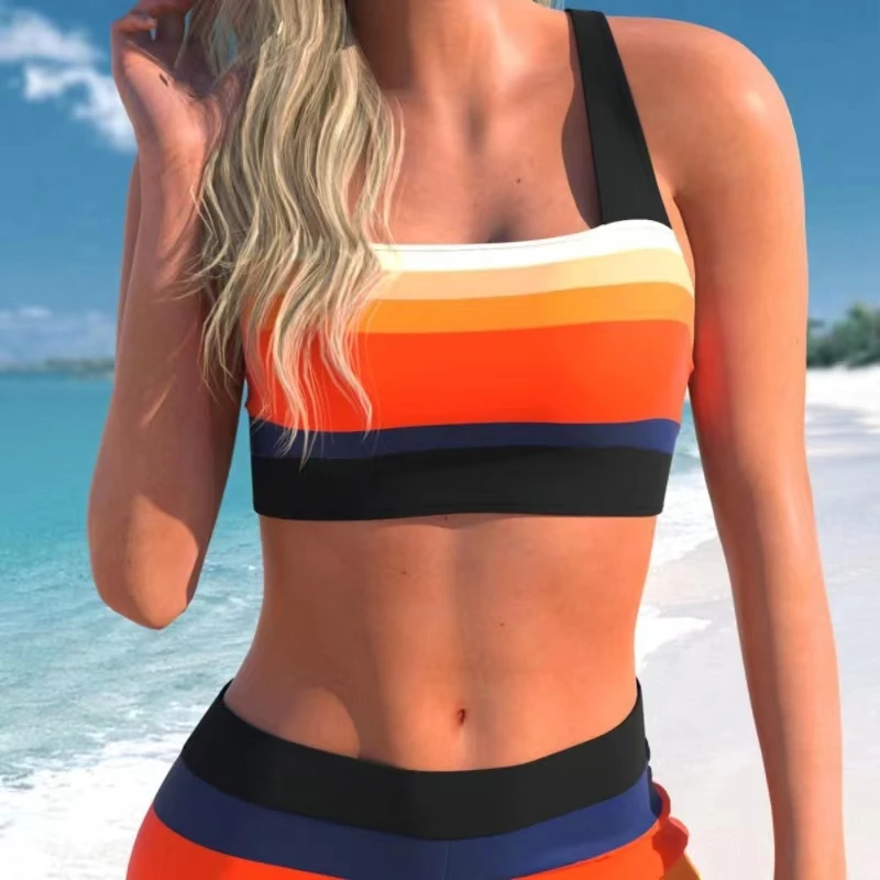 Color Stripe Split Swimsuit Suit Slim Quick-dry Print Bra High Waist And Bra Lace Boxer Two-piece Suit