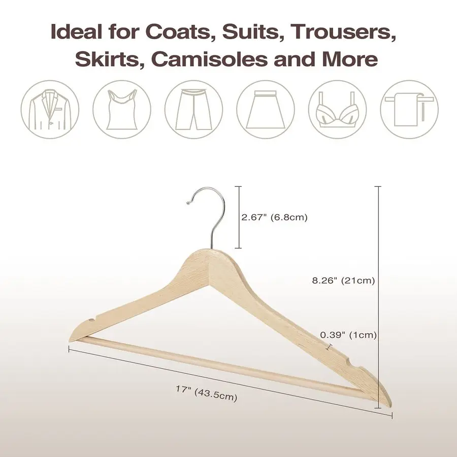 

Wood Hangers 30 Pack, Smooth Finish Wooden Coat Suit Hangers with 360 Swivel Hook and Notches, Lightweight Natural Wood Clothes