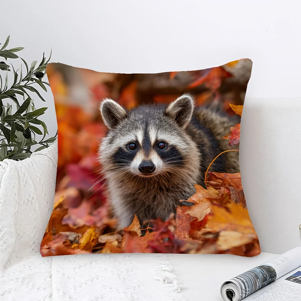 Double Sided Raccoon Fall Leaves Decorative Pillowcase - 2D Printed Autumn Wildlife Cushion Cover for Sofa Home Decor, 1PC