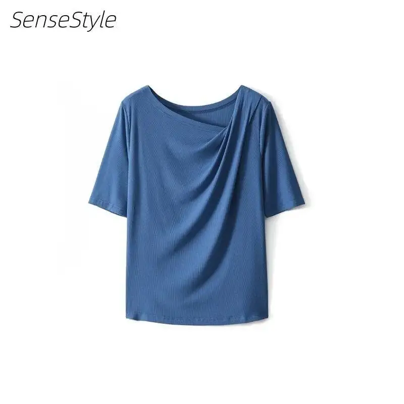 

Women Skew Collar Rib T-shirt Summer Folded Collar Design 6% Silk Soft Short Sleeve Loose Tees Tops