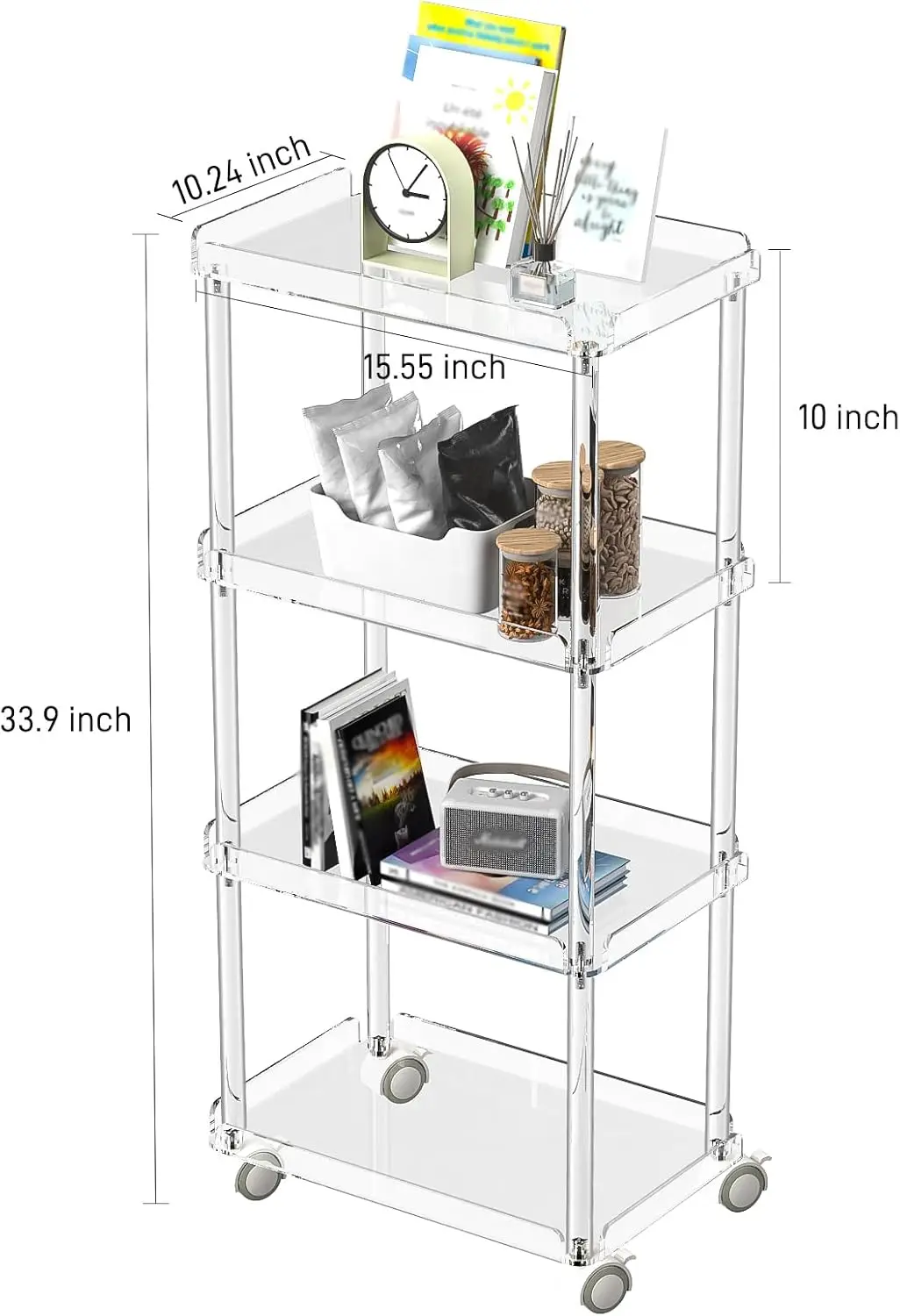 Acrylic Slim Storage Cart - 4 Tiers Narrow Rolling Cart - Utility Cart for Kitchen, Bathroom, Living Room, Laundry - 15.6 '' L