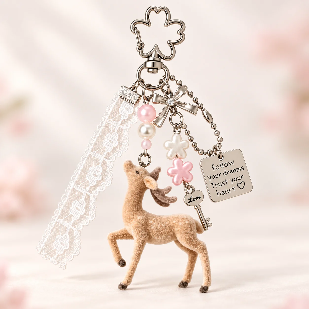 Cute Deer Keychain Plush Lace Pearl Keychain for Women Handbag Purse Decoration Bag Charm Key Ring Pendant Gift Accessory