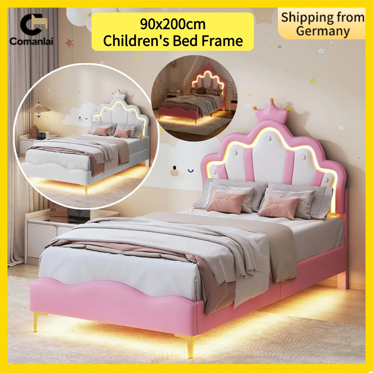 Comanlai Kinderbett 90 x 200 cm mit kronenförmigem Kopfteil und LED-Licht, gepolstertes Bett, Einzelbett, PU-Leder