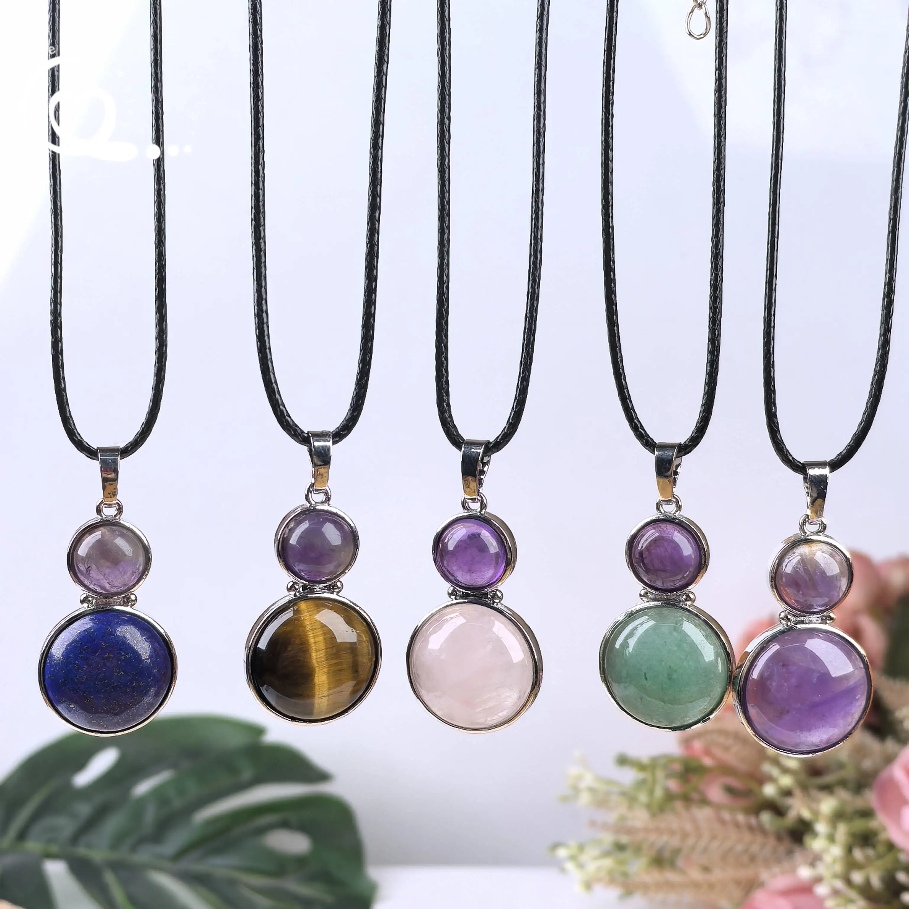 

Two Round Cabochon Healing Crystal Pendants Necklace Amethyst Rose Quartz Lapis Aventurine Tiger eye Opal Charms Jewelry QC3421