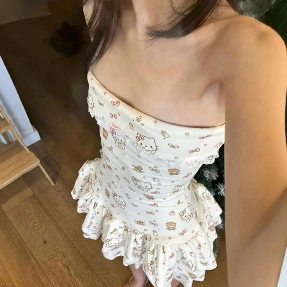 かわいい漫画ハローキティプリントドレスかわいいサンリオ Y2K サブカルチャースリムフィットケーキスカート女性の原宿セクシーなストラップレスドレス