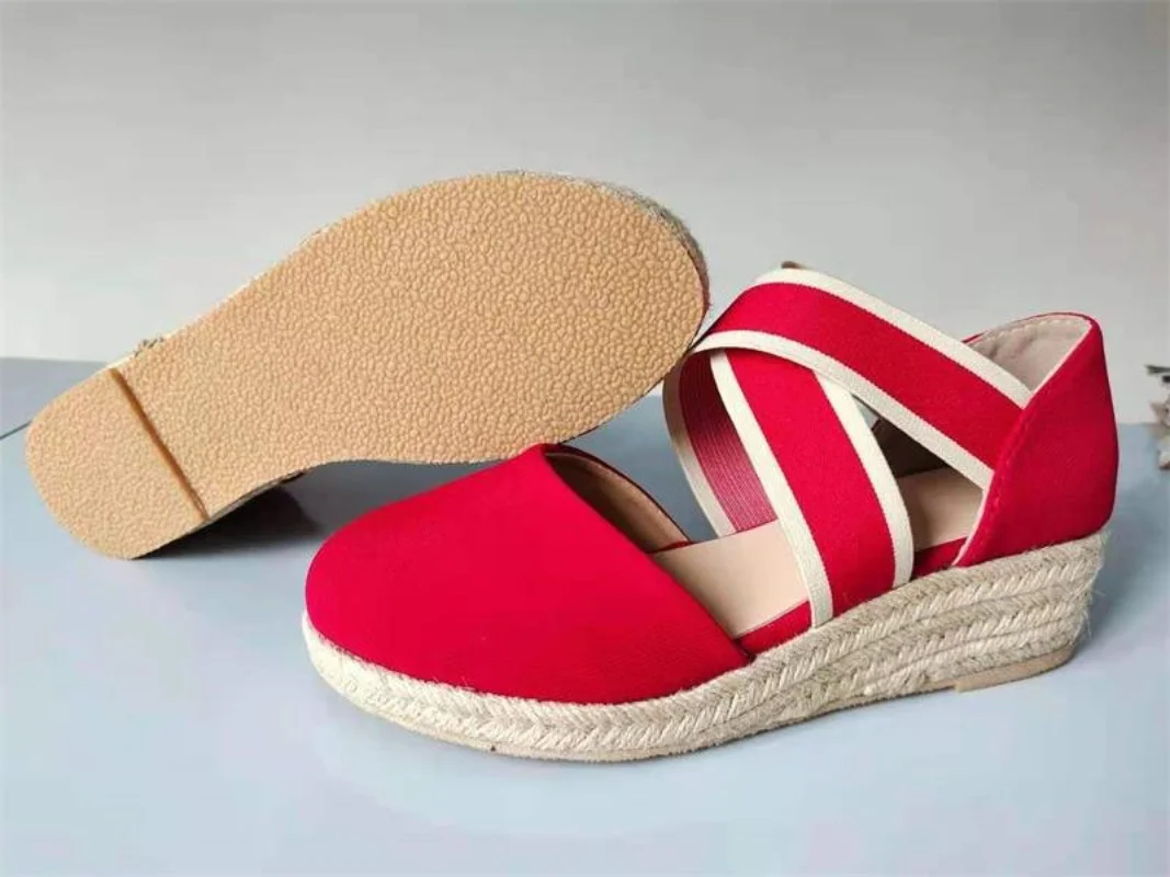 Women Sandals Summer Fashion Solid Color Espadrilles Casual Cross Belt Casual Wedge Sandal Fashion Outdoor Beach Ladies Shoes